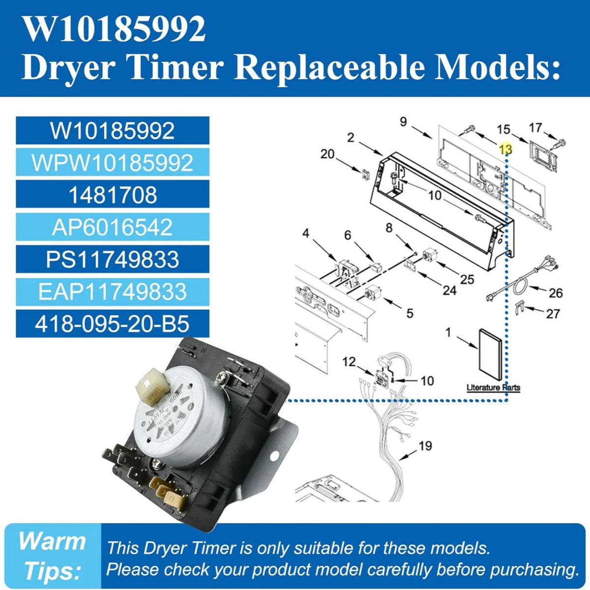 W10185992 Dryer Timer Easy Installation Fits 50+ Models Metal+Plastic