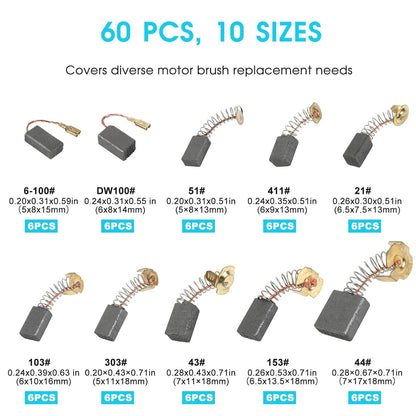 60 Pcs Electric Motor Carbon Brushes Set, 10 Assorted Sizes Graphite &...