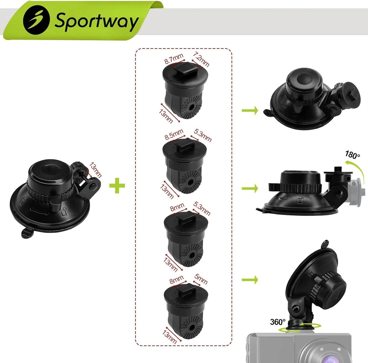 Sportway S504 Suction Cup Dash Cam Mount Holder (5th Gen) with 4pcs 360 Black