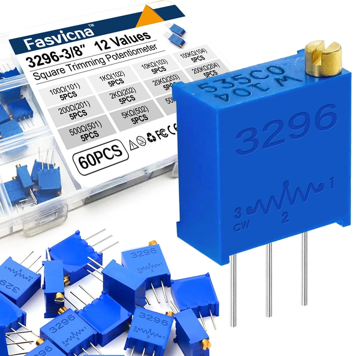 3296W Multiturn Trimmer Potentiometer Kit, 12 Values from 100Ω to 500KΩ 60Pcs