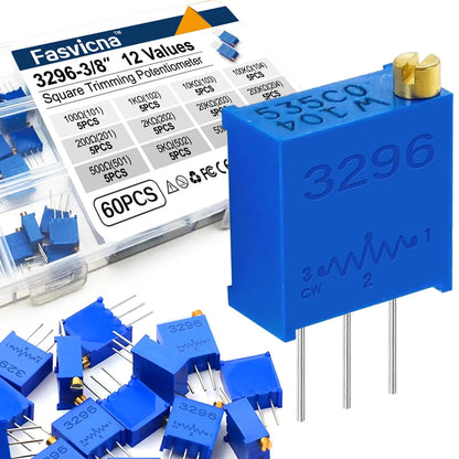 3296W Multiturn Trimmer Potentiometer Kit, 12 Values from 100Ω to 500KΩ 60Pcs