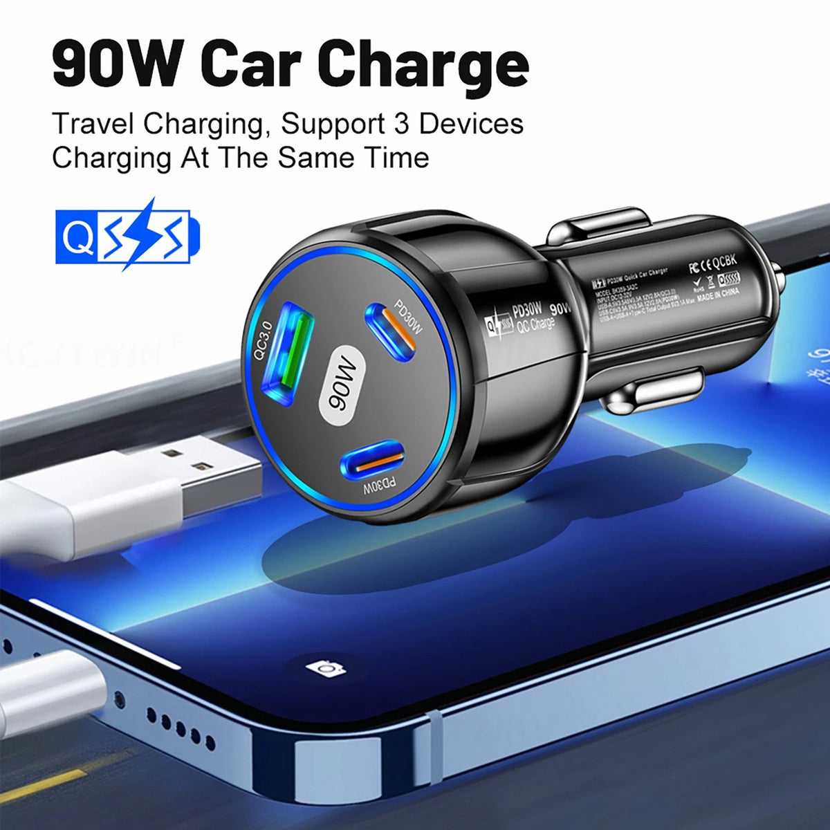 3 Port 90W Car Charger PD 30W QC3.0 Type C Cigarette Lighter USB Charger