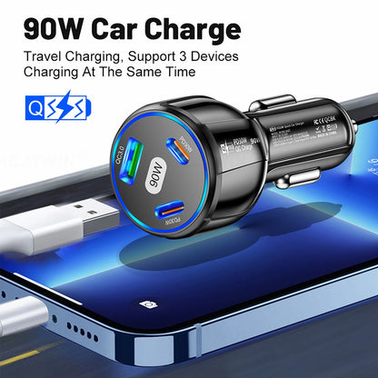 3 Port 90W Car Charger PD 30W QC3.0 Type C Cigarette Lighter USB Charger