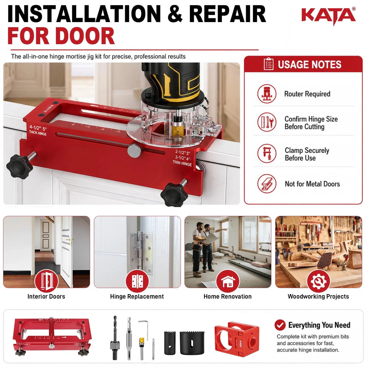 KATA Door Hinge Mortise Jig & Lock Installation Kit for 2.5"–5" Red