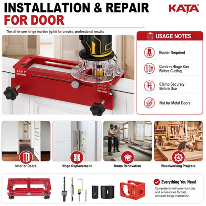 KATA Door Hinge Mortise Jig & Lock Installation Kit for 2.5"–5" Red