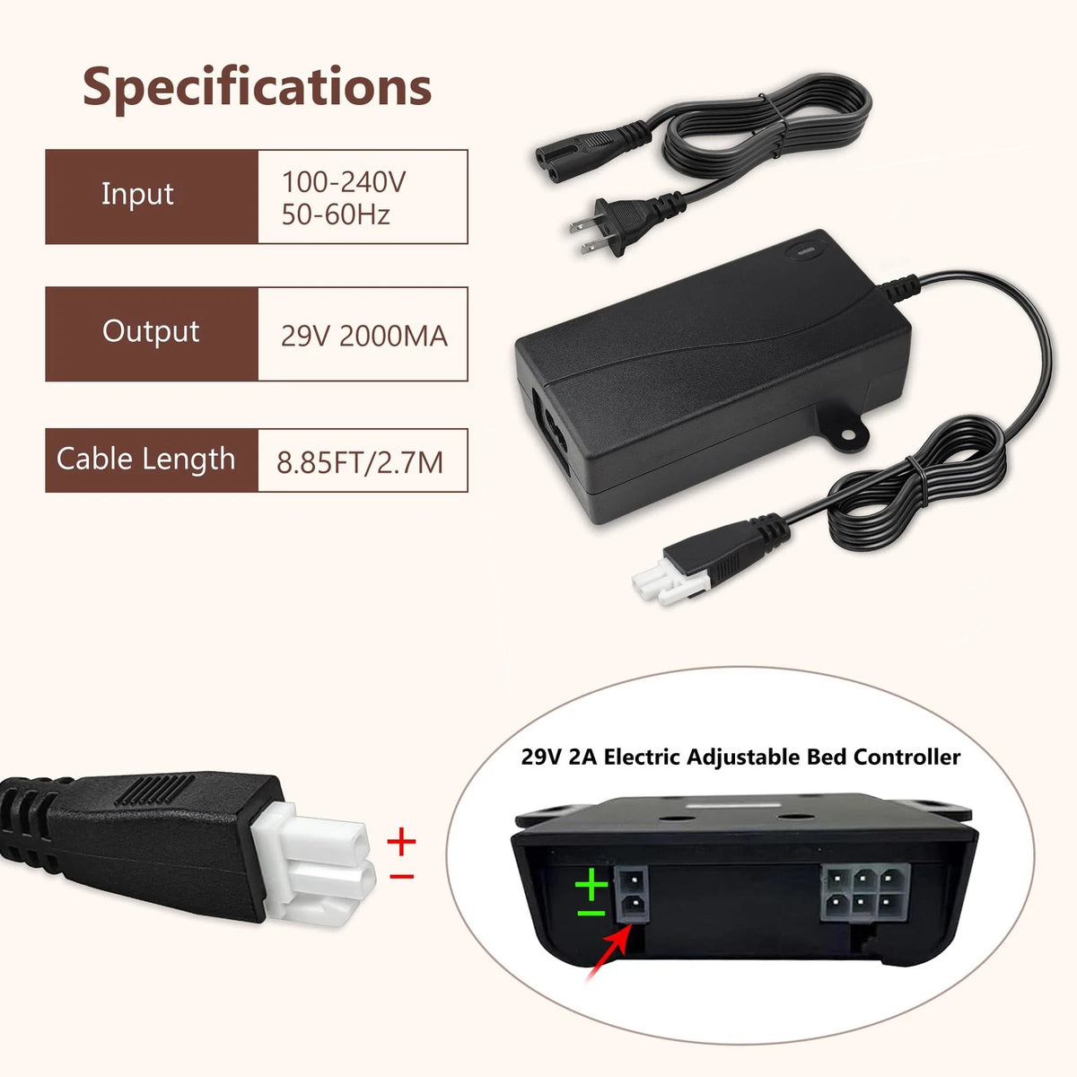 29V Adjustable Bed Base Switching Power Supply Adapter, 8.8 feet, black
