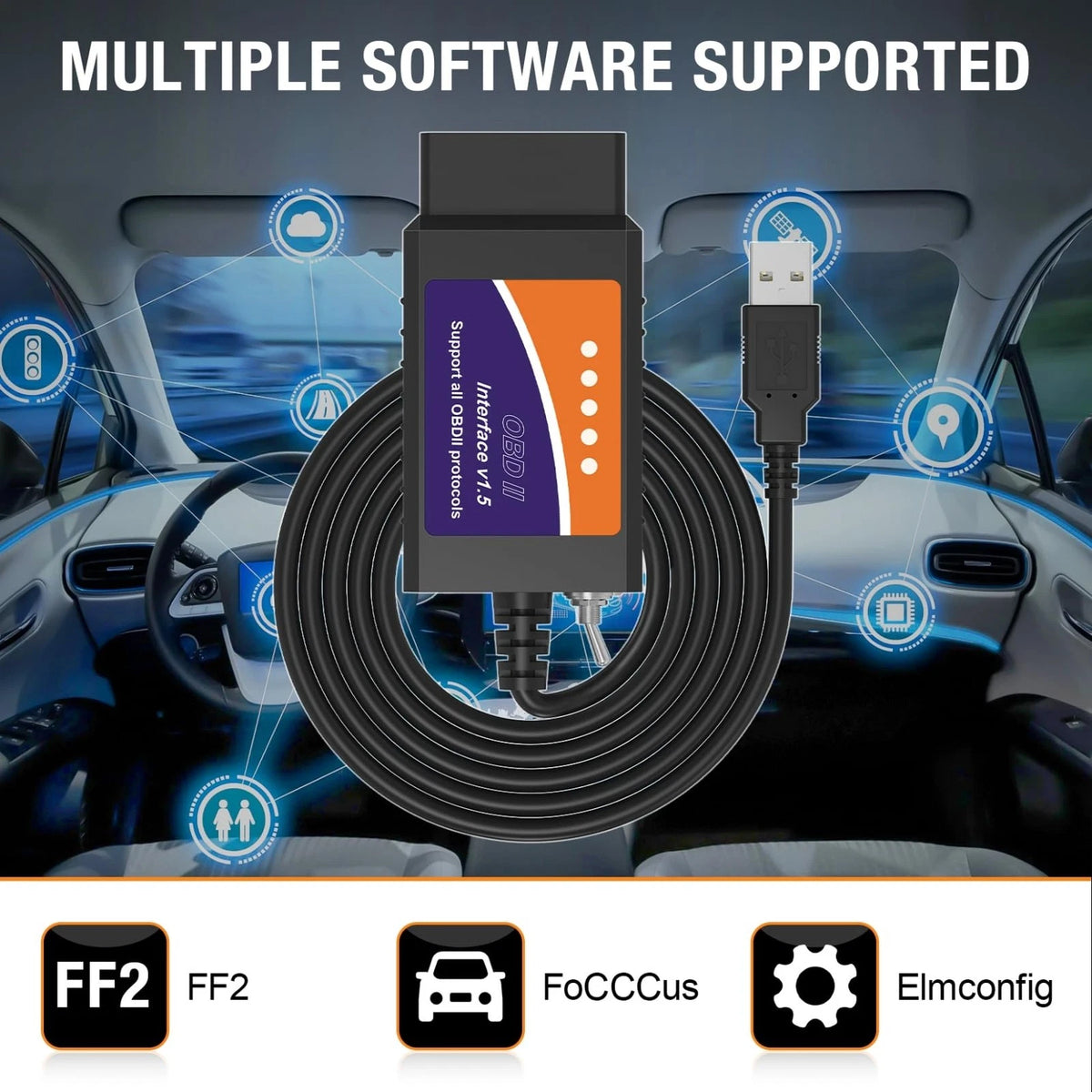 OBDMONSTER ELM327 OBD2 USB Adapter for Windows, ELMconfig Scanner with black