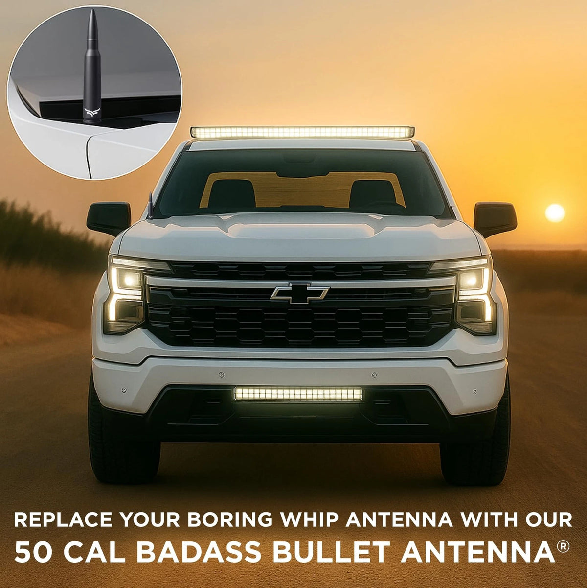 50 Cal Badass Bullet Antenna® Fits Chevy Silverado & GMC Sierra Truck Black
