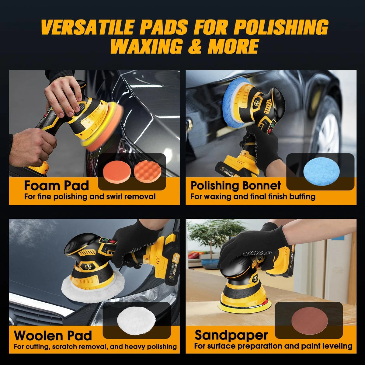 Niusken Cordless Car Buffer Polisher kit, DA with 2*21V 21V, Yellow