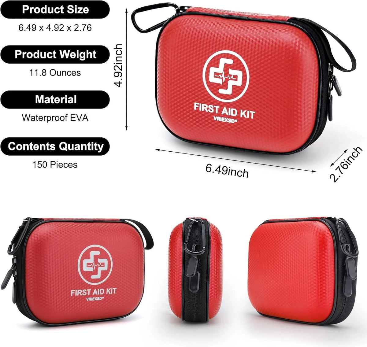 Mini First Aid Kit - 150 Piece Small Waterproof Hard Shell Medical Red