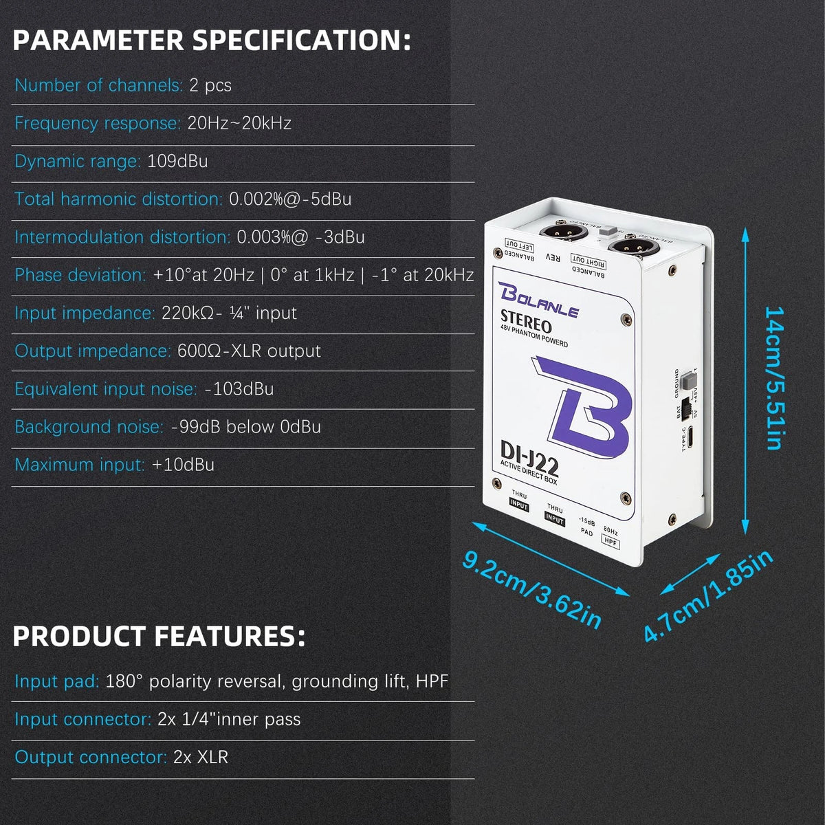 Bolanle J22 Professional Stereo DI Box/Splitter XLR 1/4 inch, Dual Channel...