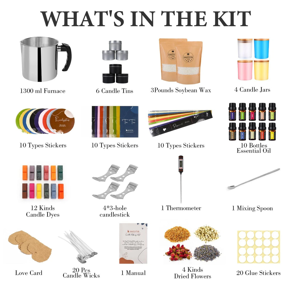 SAEUYVB Candle Making Kit - DIY Starter Soy 10 pcs candle tins kit, 12 colors