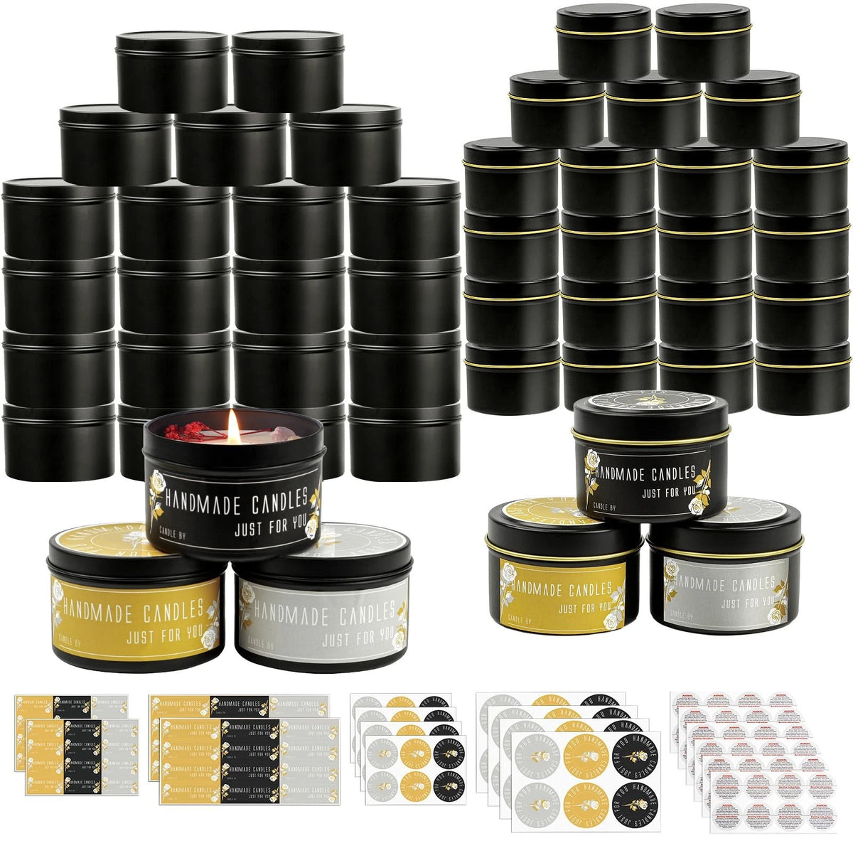 CONNOO 48 Pack Candle Tins - 24pcs 8oz + 4oz 48pcs 4oz+8oz, Matte Black
