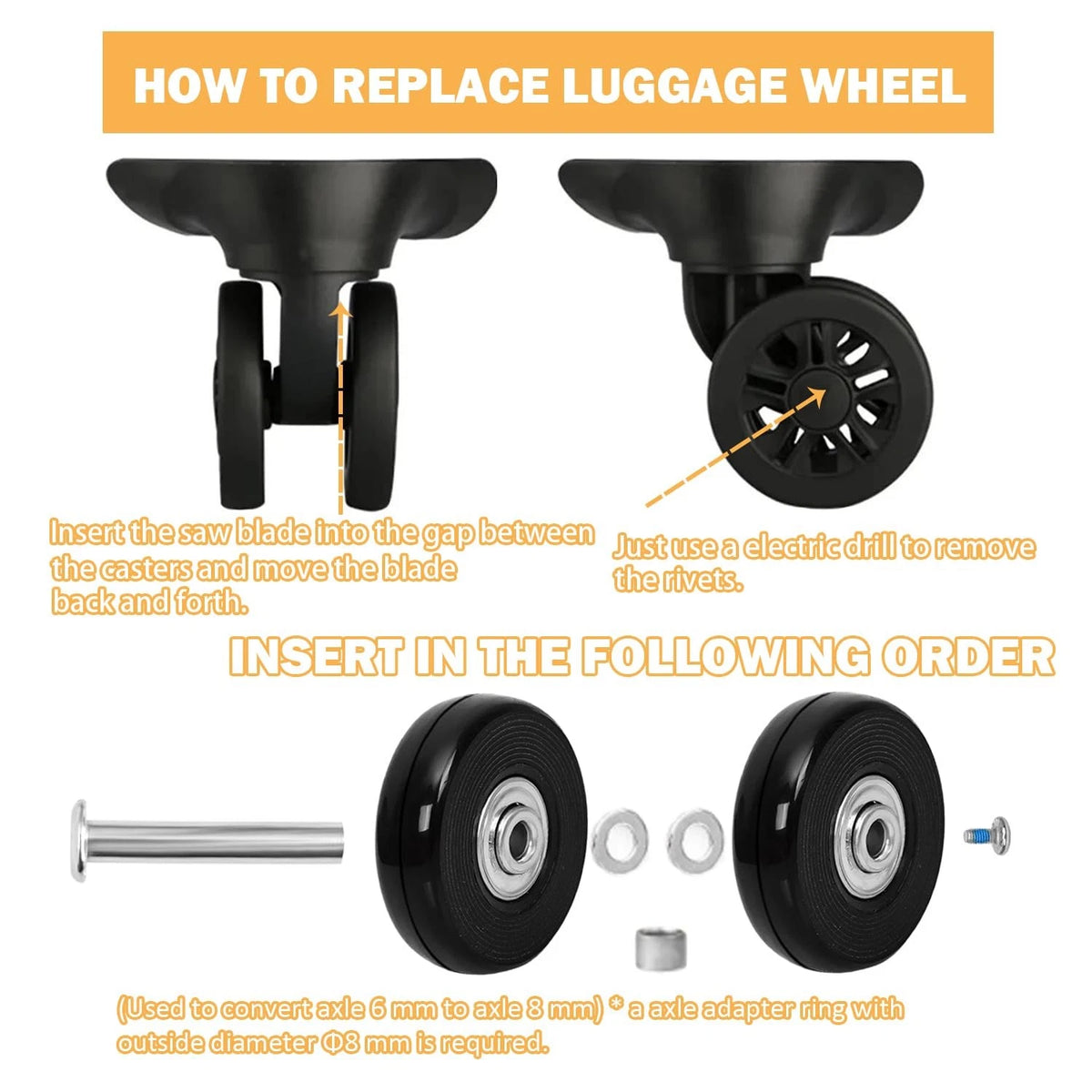 Luggage Replacement Wheels Set 8Pcs 1.97"x0.55"（50mm x 14mm） Rubber Black