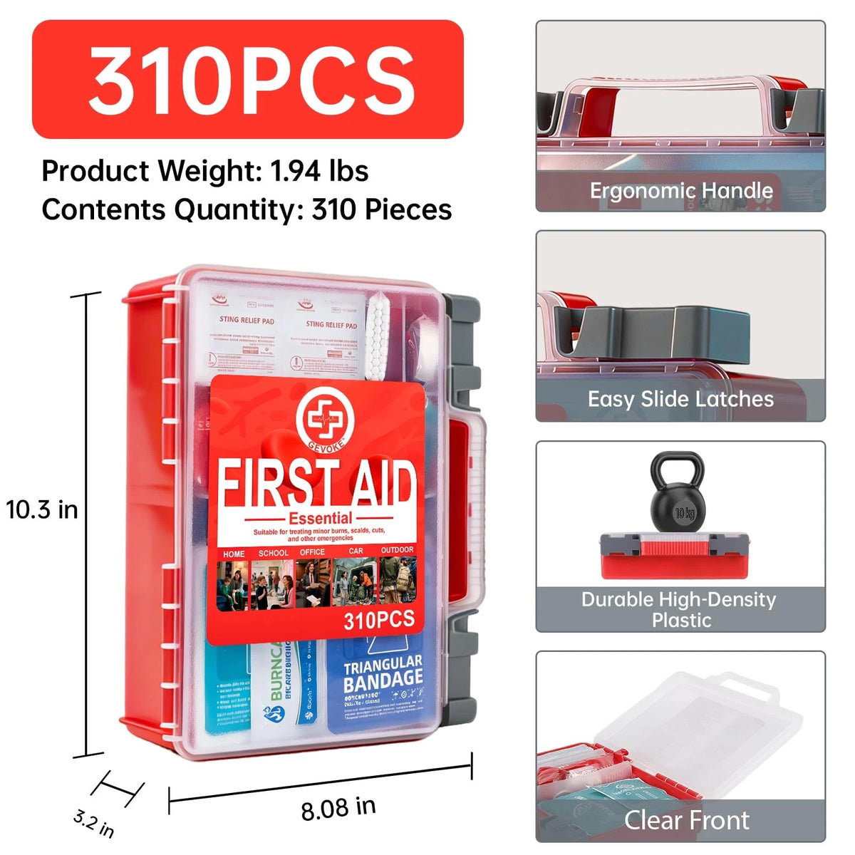 Gevoke Professional First Aid Kit - 310 Piece HardCase Medical Large, Red