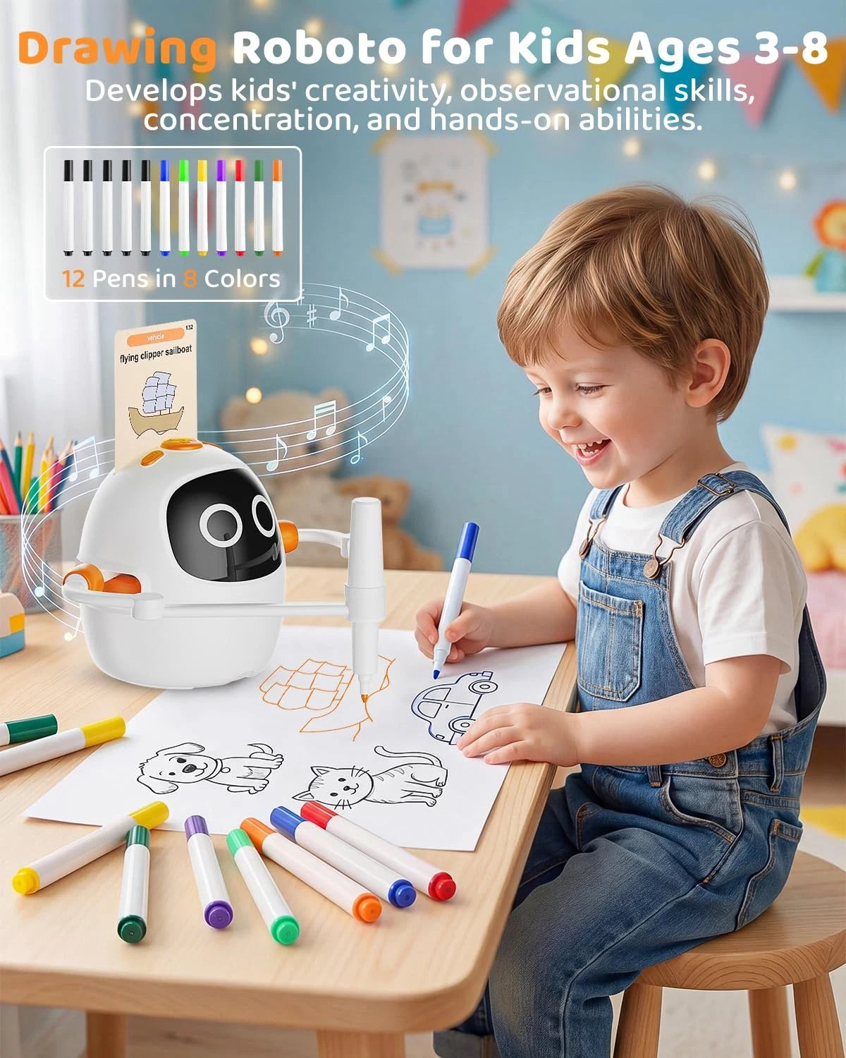 Drawing Robot for Kids Ages 3-8, Rechargeable Interactive Colorful