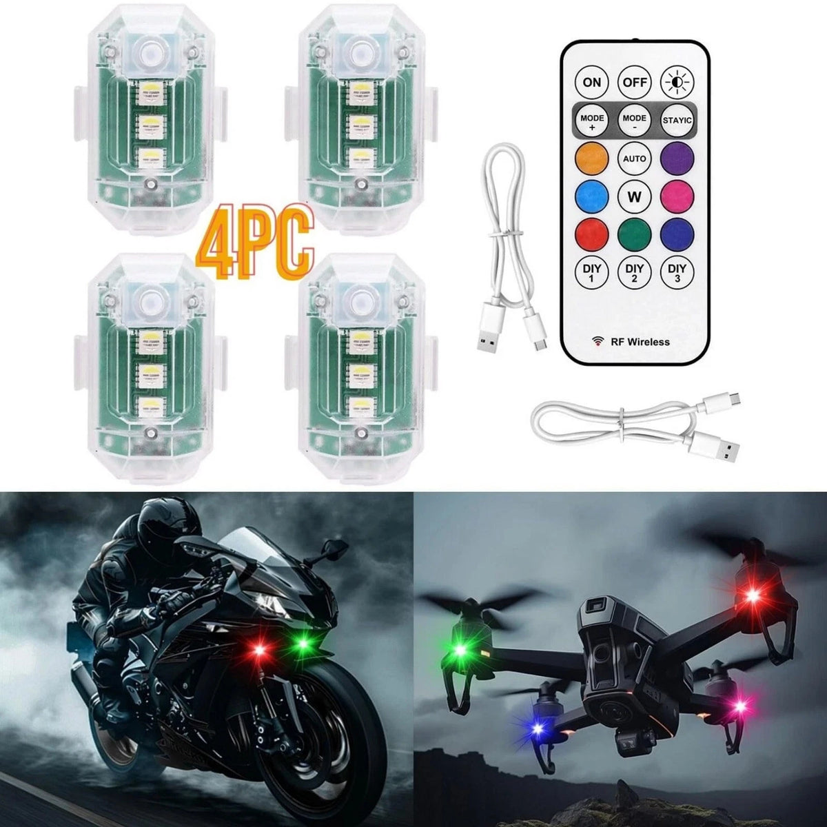 4Pcs Wireless LED Strobe Light with Remote Control RGB 8 Colors Warning Lights