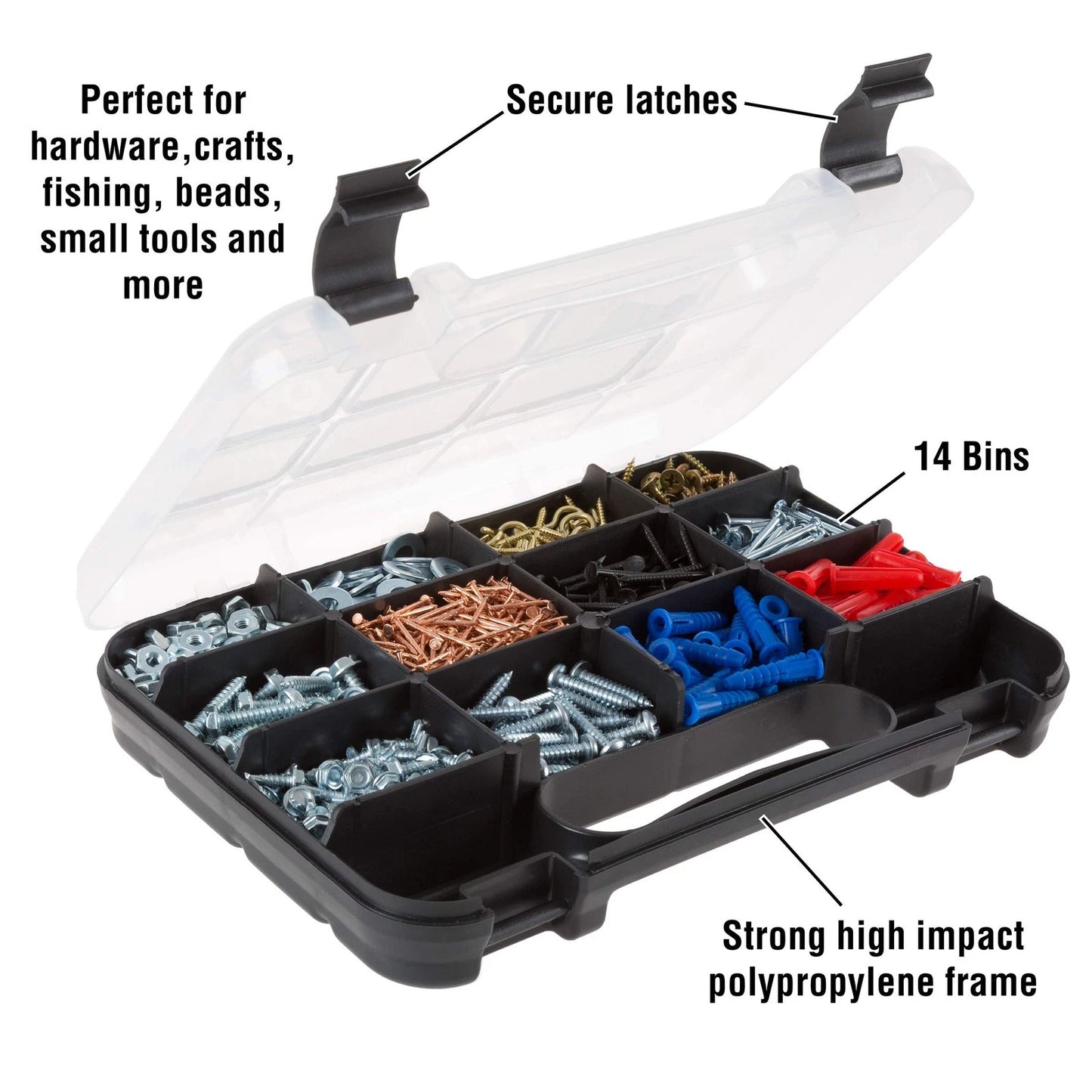 Hardware Organizer Box with Dividers - 14 Compartment Small 14 Bin, Black