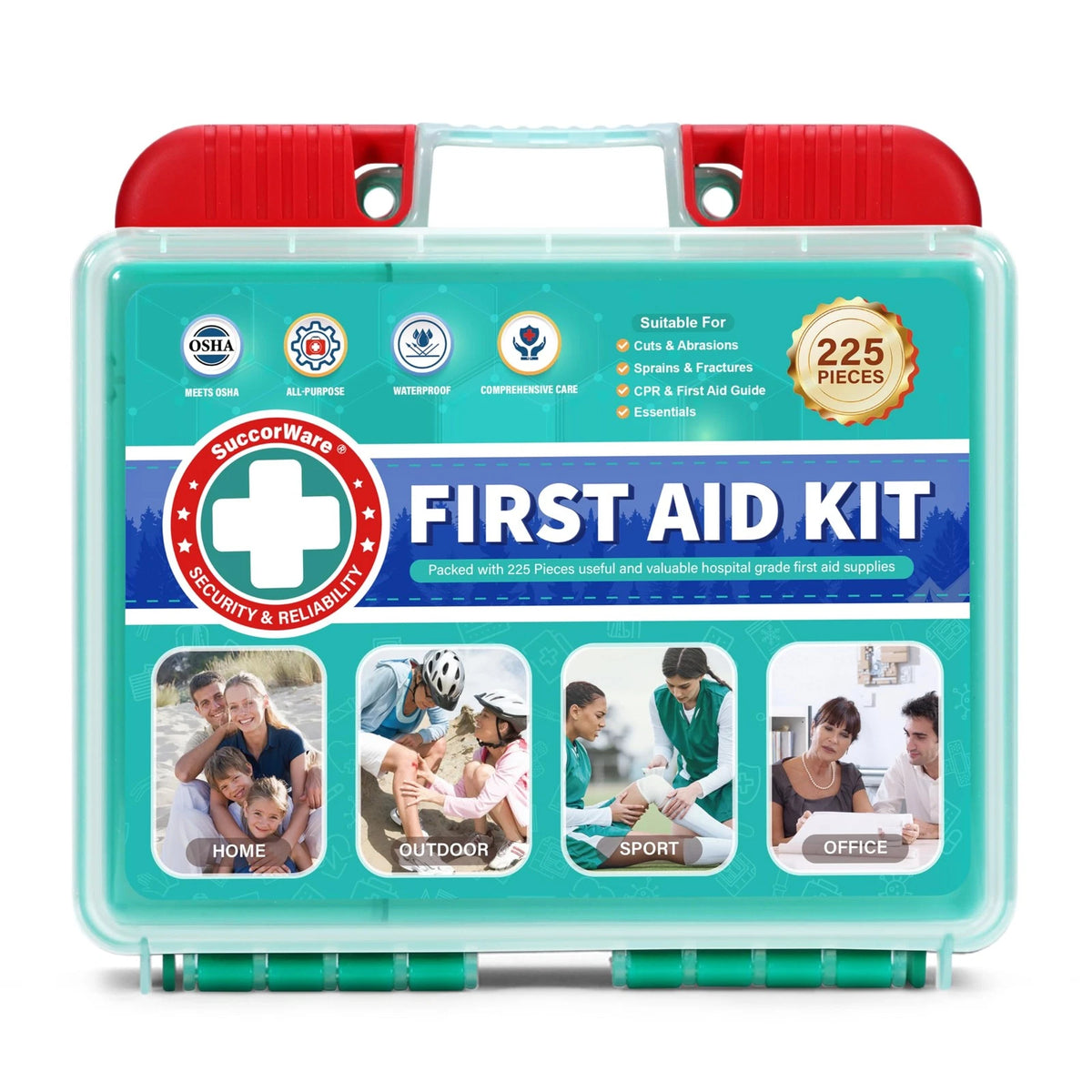 SuccorWare 225 Pieces First Aid Kit, Includes Ice Pack, Adhesive Bandages,...