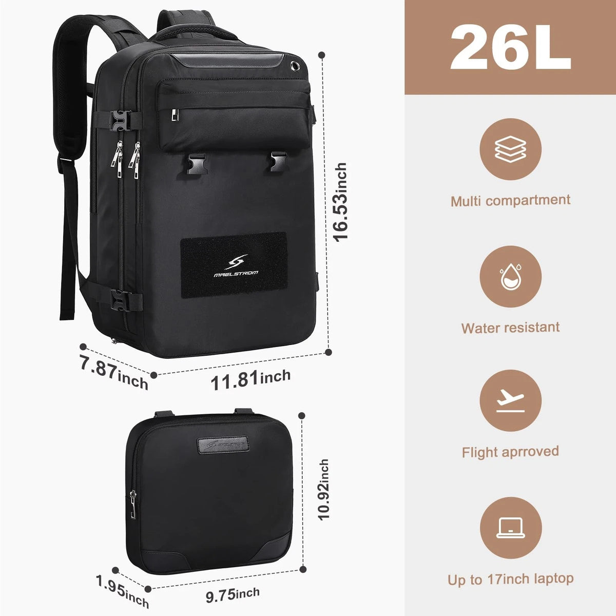Maelstrom Travel Backpack for Women Men, 2 in 1 Crossbody Bag 26L, 1.black