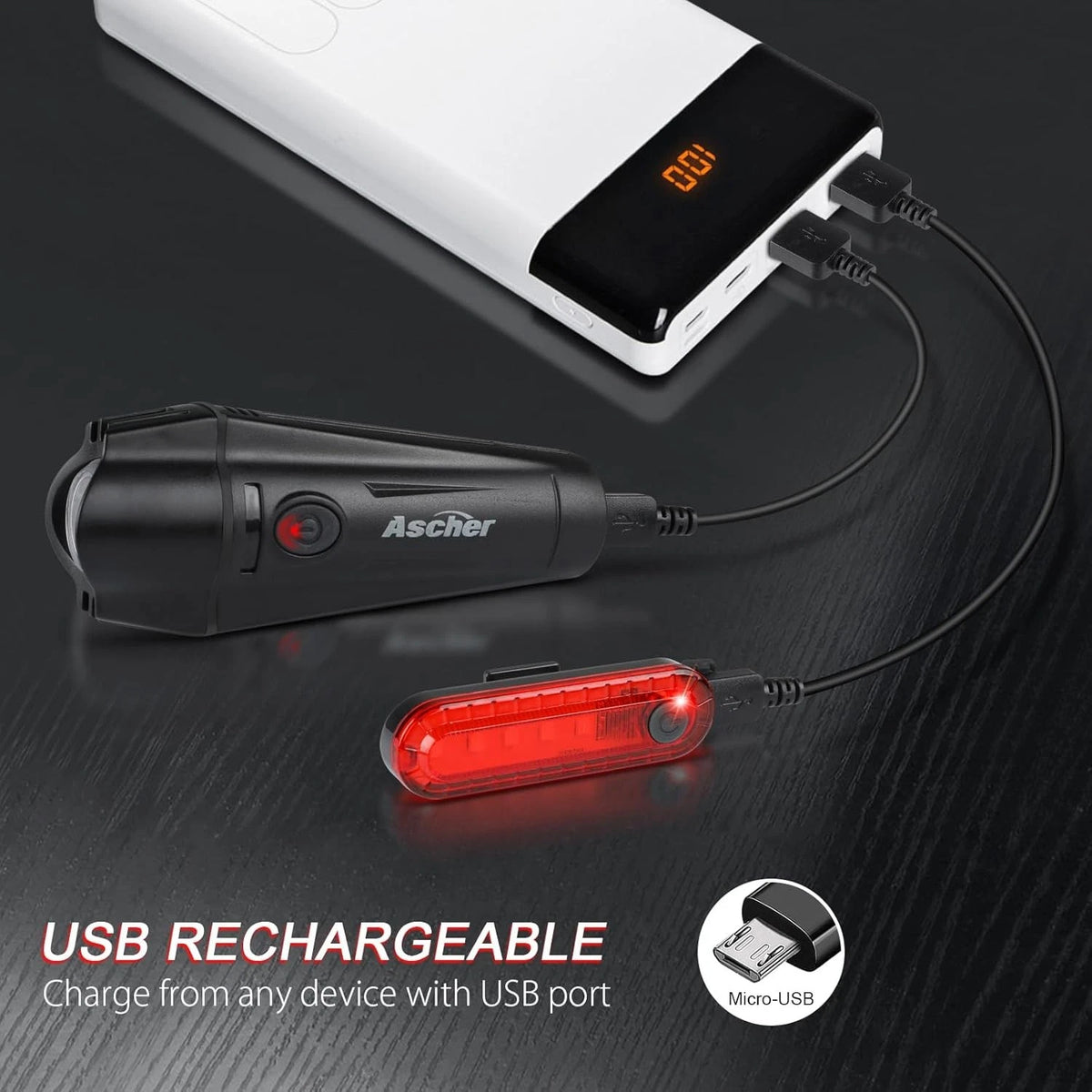 Ascher Ultra Bright USB Rechargeable Bike Light Set, Powerful Black,Red