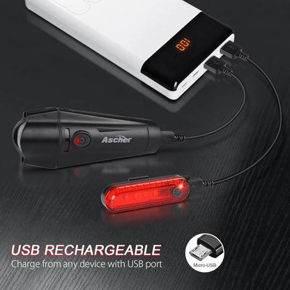 Ascher Ultra Bright USB Rechargeable Bike Light Set, Powerful Black,Red