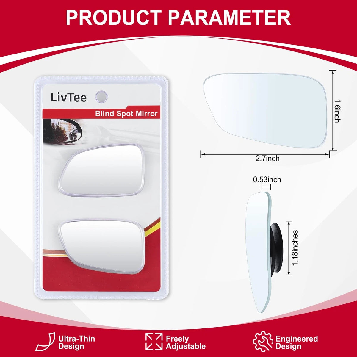 LivTee Blind Spot Car Mirror, HD Glass Frameless Adhesive Mount, Wedge-Shaped