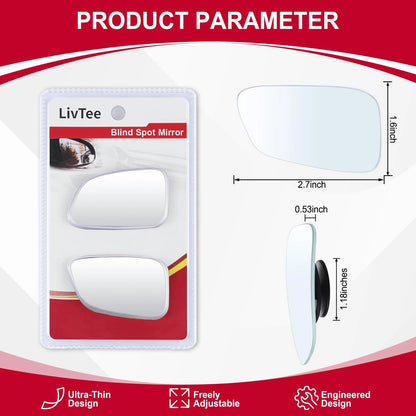 LivTee Blind Spot Car Mirror, HD Glass Frameless Adhesive Mount, Wedge-Shaped
