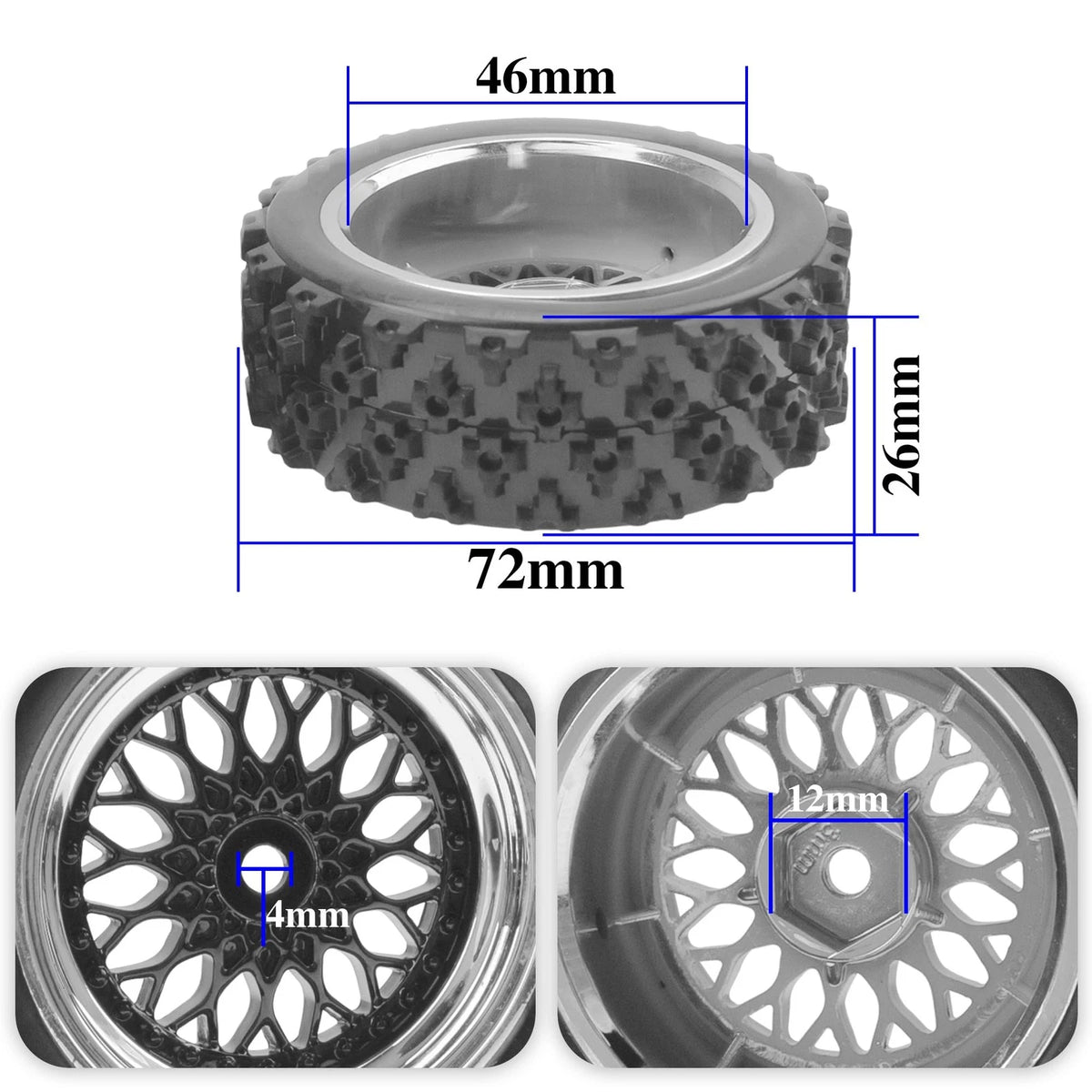 ShareGoo RC 1/10 On Road Tires & Wheel 12mm Hex Plastics Scale, Od 72mm