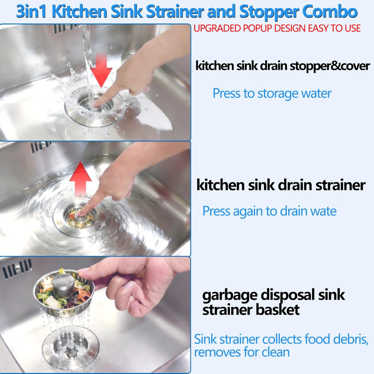 3-in-1 Kitchen Sink Drain Strainer Stopper, Upgraded Stainless Steel Silver