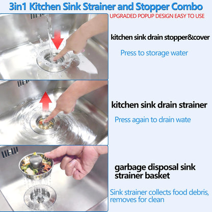 3-in-1 Kitchen Sink Drain Strainer Stopper, Upgraded Stainless Steel Silver