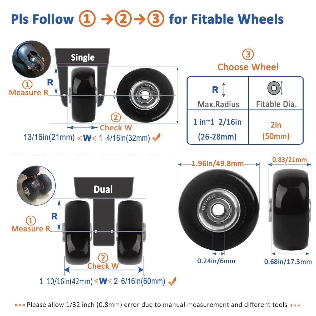 50mm Luggage Wheels Replacement with Ball Bearing, 4PCS Wheels, Black