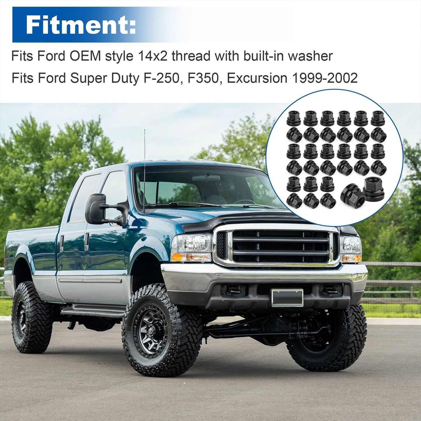 32PCS Black Wheel Lug Nuts M14x2.0 Fit Ford F250 F350 1999-02 Flat Washer Style