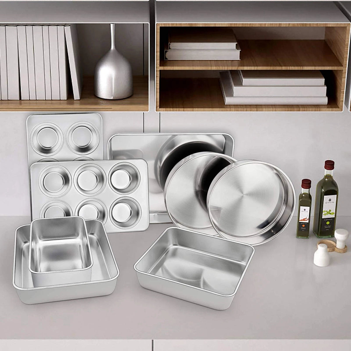 TeamFar Stainless Steel Bakeware Set of 8 12⅖'' x 9¾''x 2'', Silver