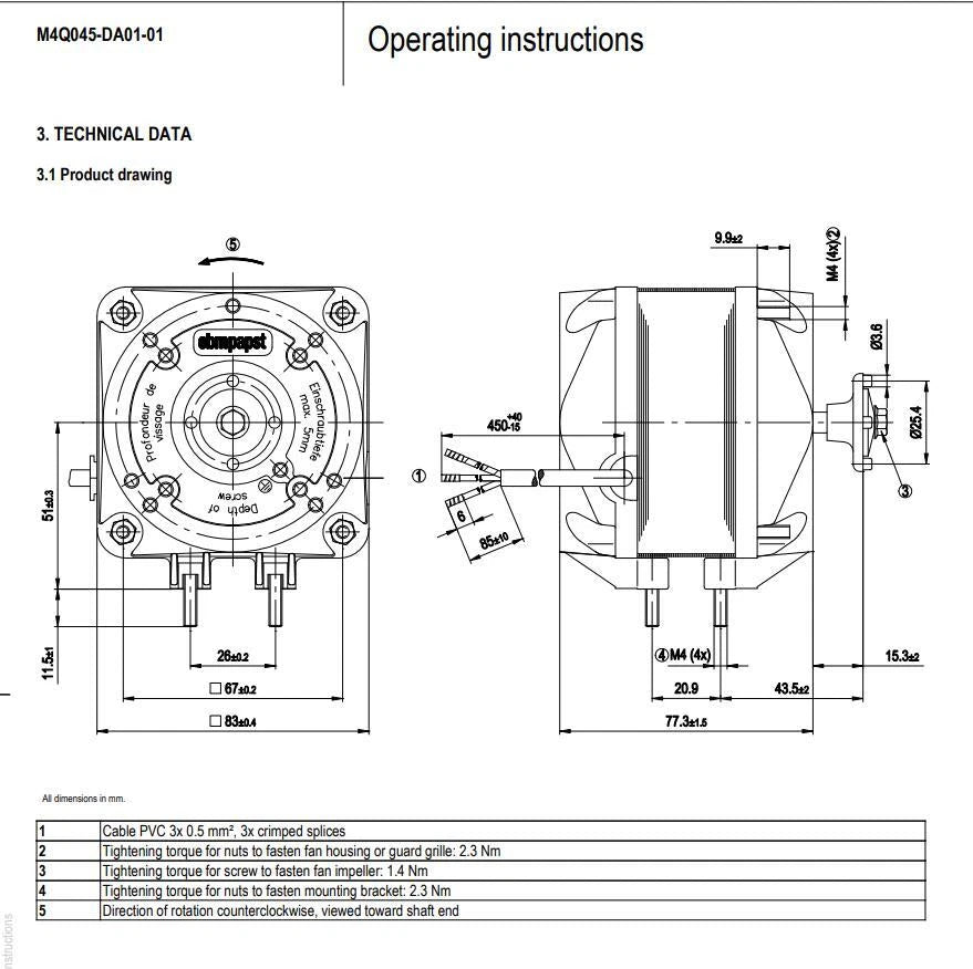 Ebmpapst Motor M4Q045-DA01-01  230VAC 62/18W 0.42A Freezer/Condenser Fan Motor