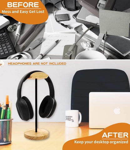 Headphone Stand Nature Wood & Aluminum Headset Hanger Mount Hook Black, Brown