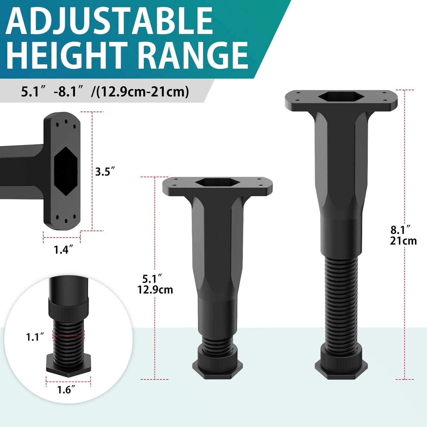 6 PCS Adjustable Bed Frame Support Legs (5.1"-8.3") - 6 5.1"-8.3", Black