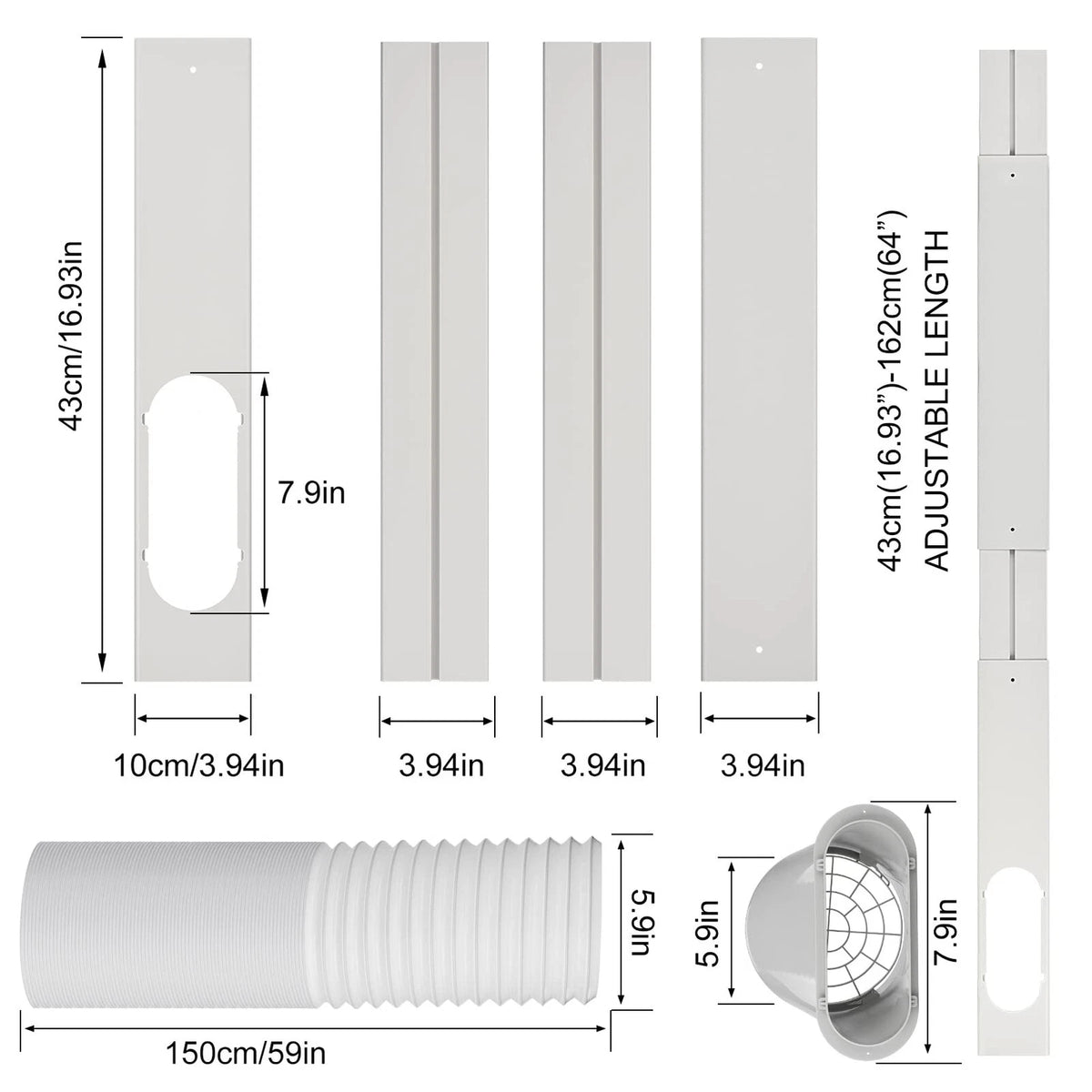 Foancie Portable AC Panel Set + Exhaust Hose, White with Silver Accents