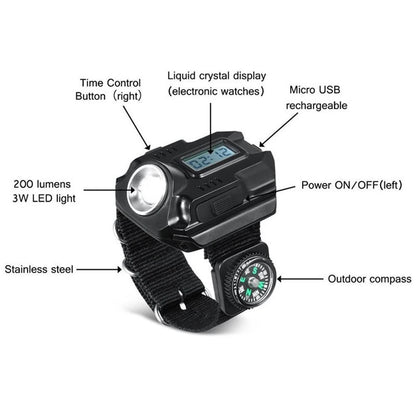Flashlight LED Torch Compass Tactical LED Rechargeable Outdoor Sport Watch
