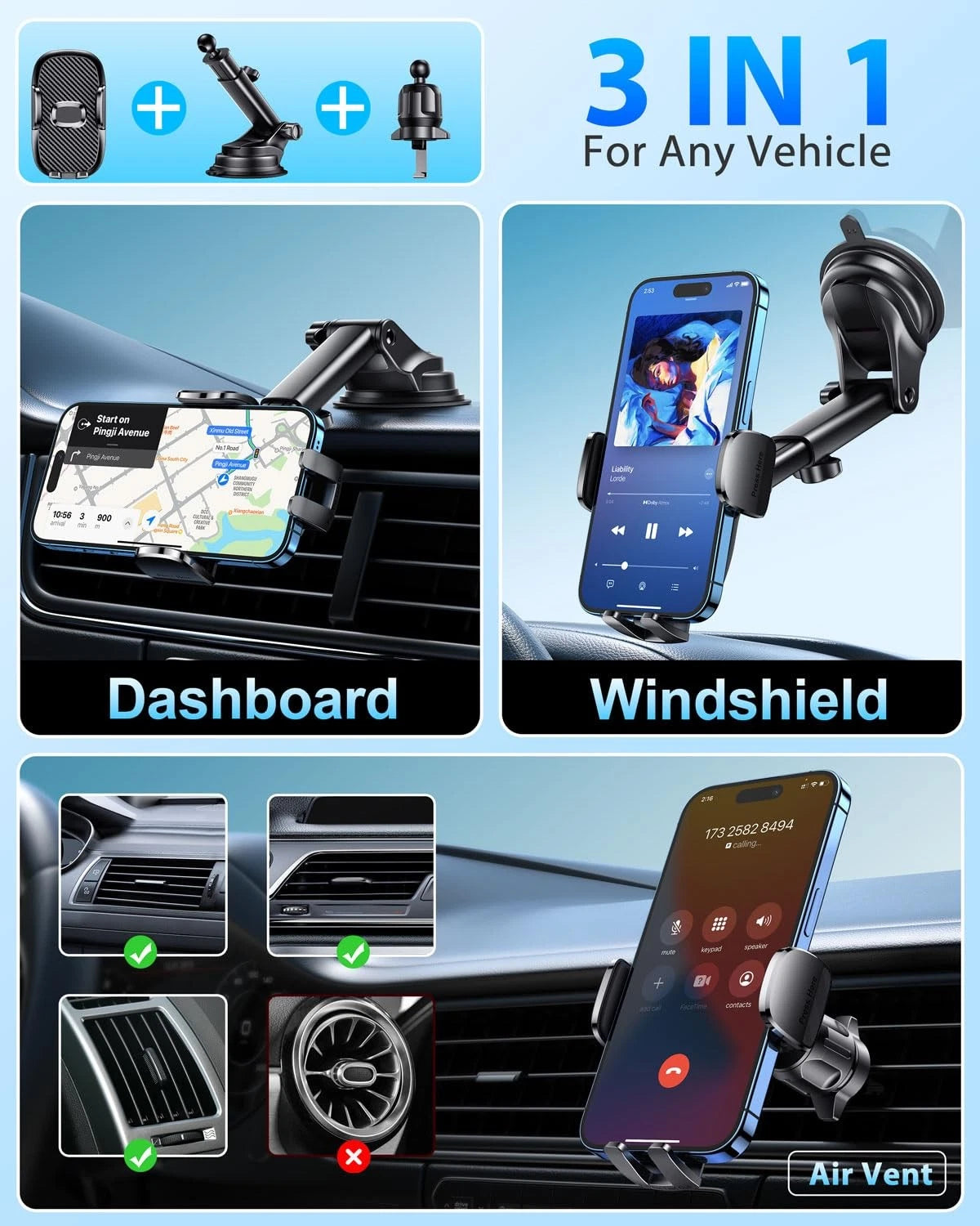Car Phone Holder[Military-Grade 360°Suction Cup]Phone Holders for dark black