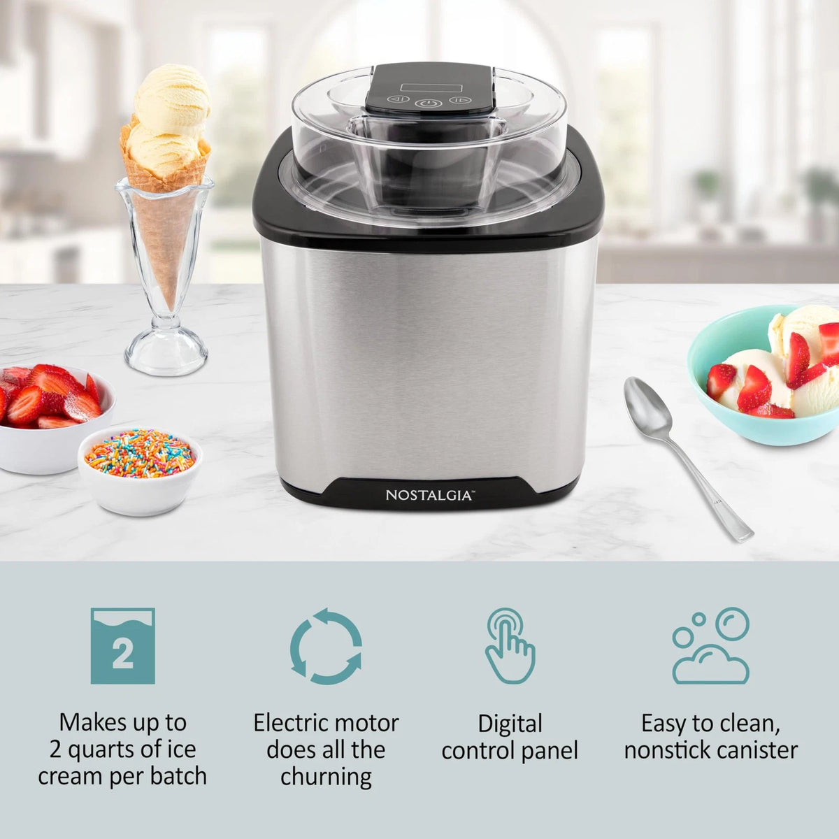 Nostalgia 2-Quart Electric Ice Cream Maker – Make Homemade Stainless Black