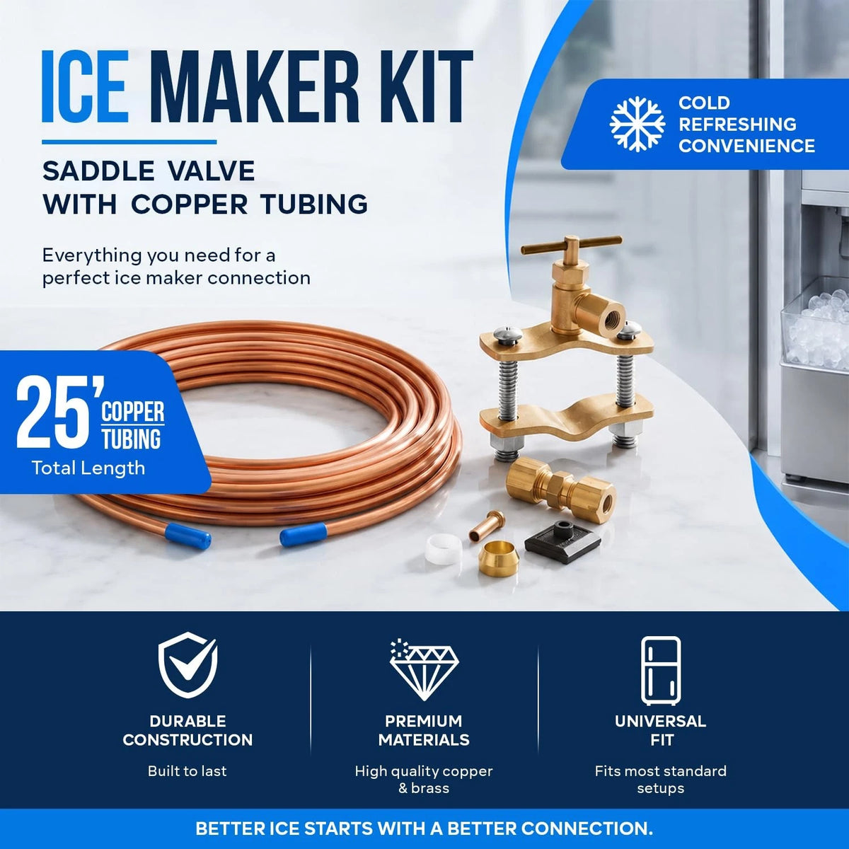 HIGHCRAFT Ice Maker Kit with Self Piercing Saddle Valve Copper 1/4" x 25'