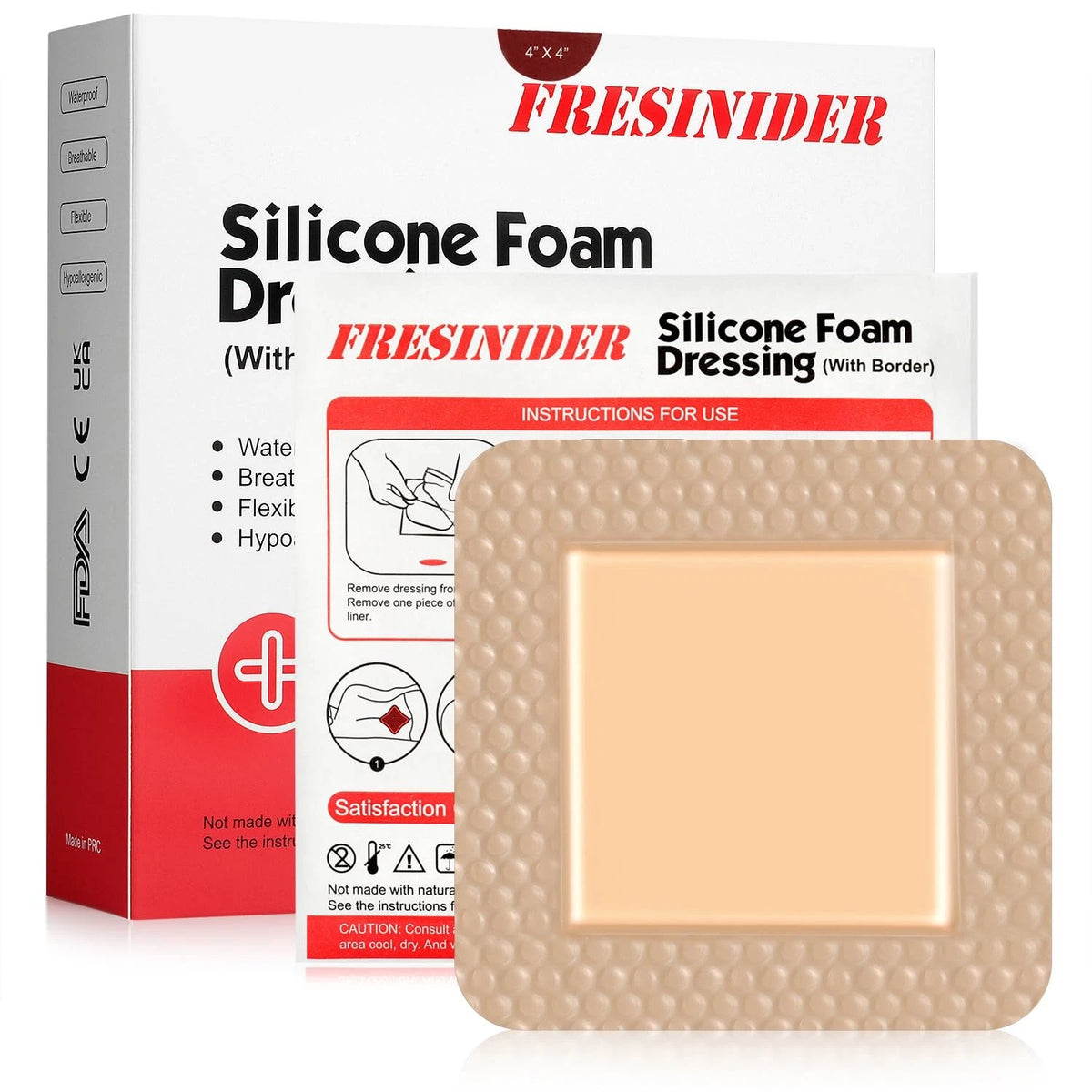 FRESINIDER Silicone Foam Dressing with Adhesive Border – 4" x ,10pack
