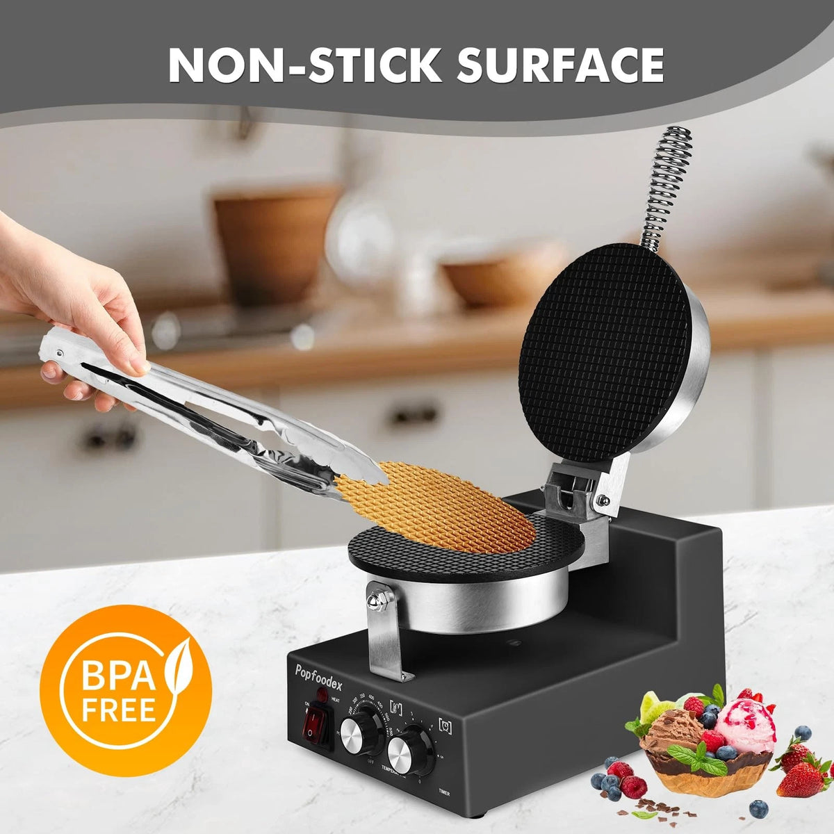 Popfoodex Commercial Waffle Cone Maker - 1200W Single Round, Black