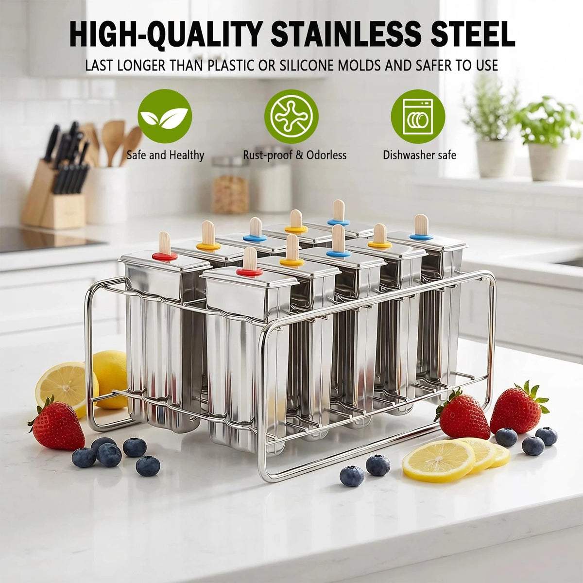Popsicle Molds Set 10 Pieces Stainless Steel 10.1in x 4.7in x 6.7in, Silver