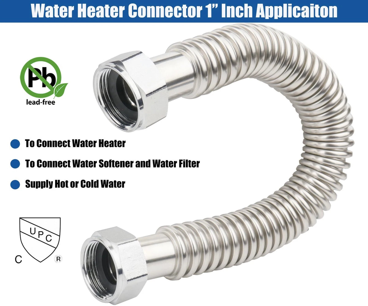 WHK 24-Inch Water Heater 1" FIP Flexible Hose 24 Inch, Stainless Steel