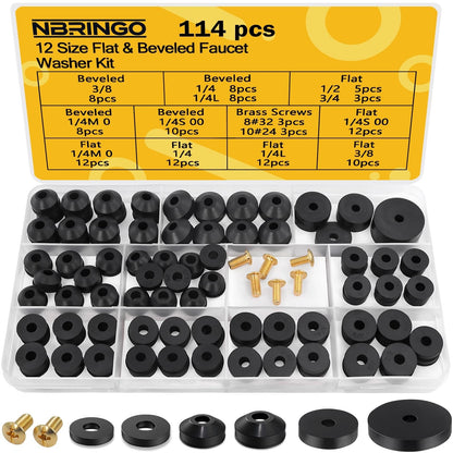 NBRINGO 114-Piece 12 Sizes Faucet Washer Assortment Kit - Flat & Black