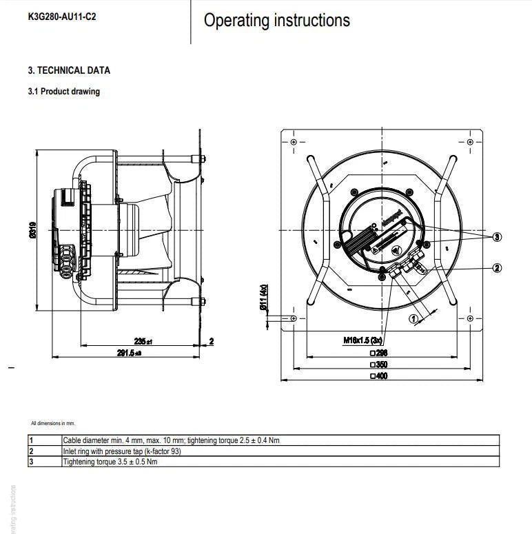 Ebmpapst K3G280-AU11-C2 Centrifugal Fan 400VAC 3100RPM 1000W 1.6A EC Cooling Fan