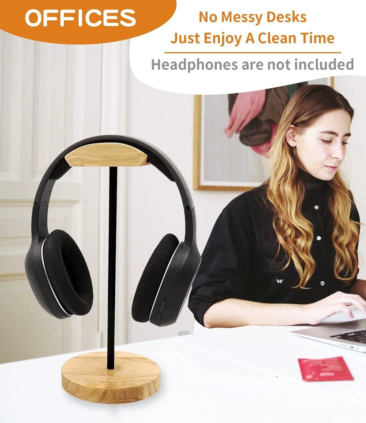 Headphone Stand Nature Wood & Aluminum Headset Hanger Mount Hook Black, Brown