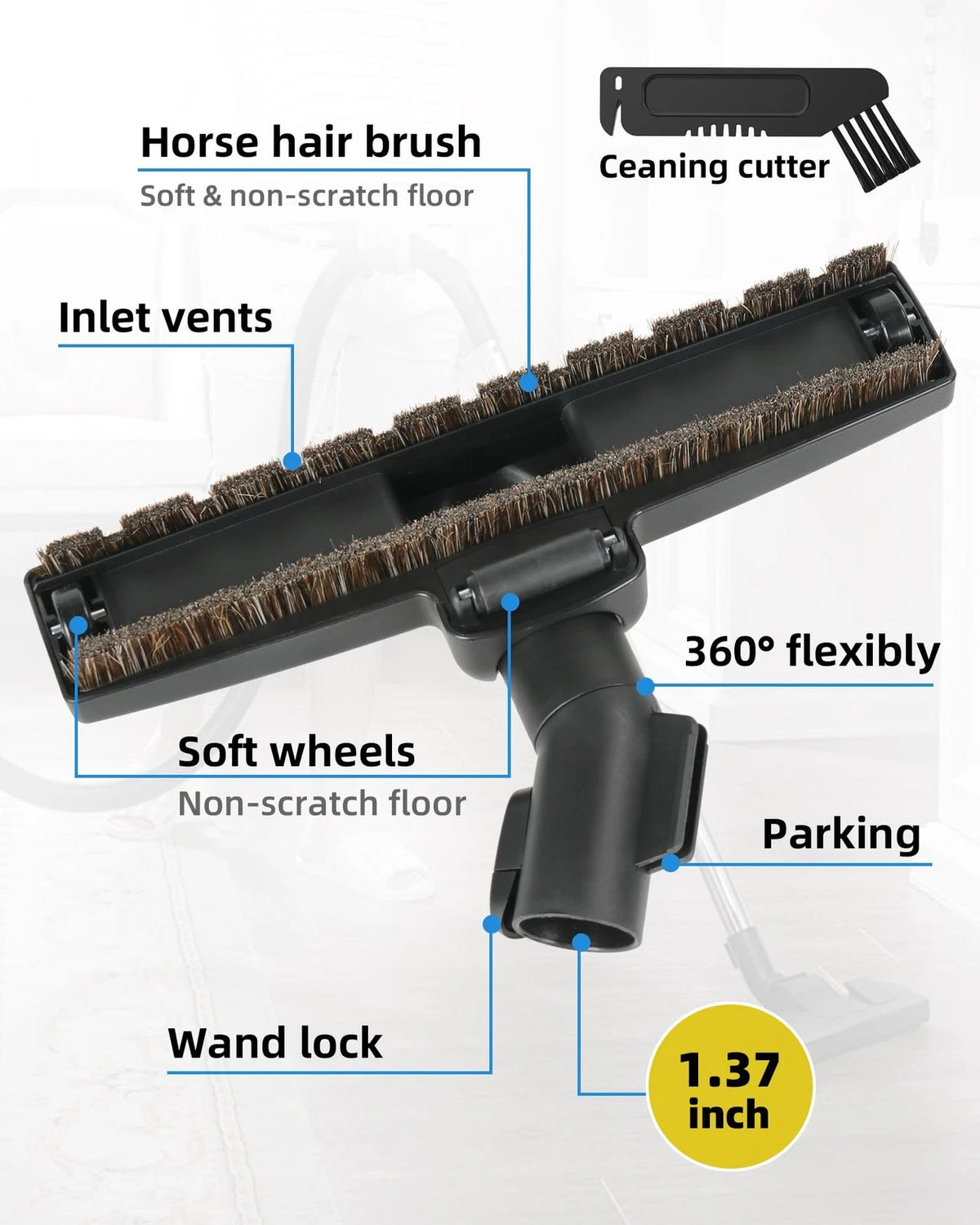 SheildON Horse Hair Floorhead for Miele Vacuum Cleaners, 12" Wide Black